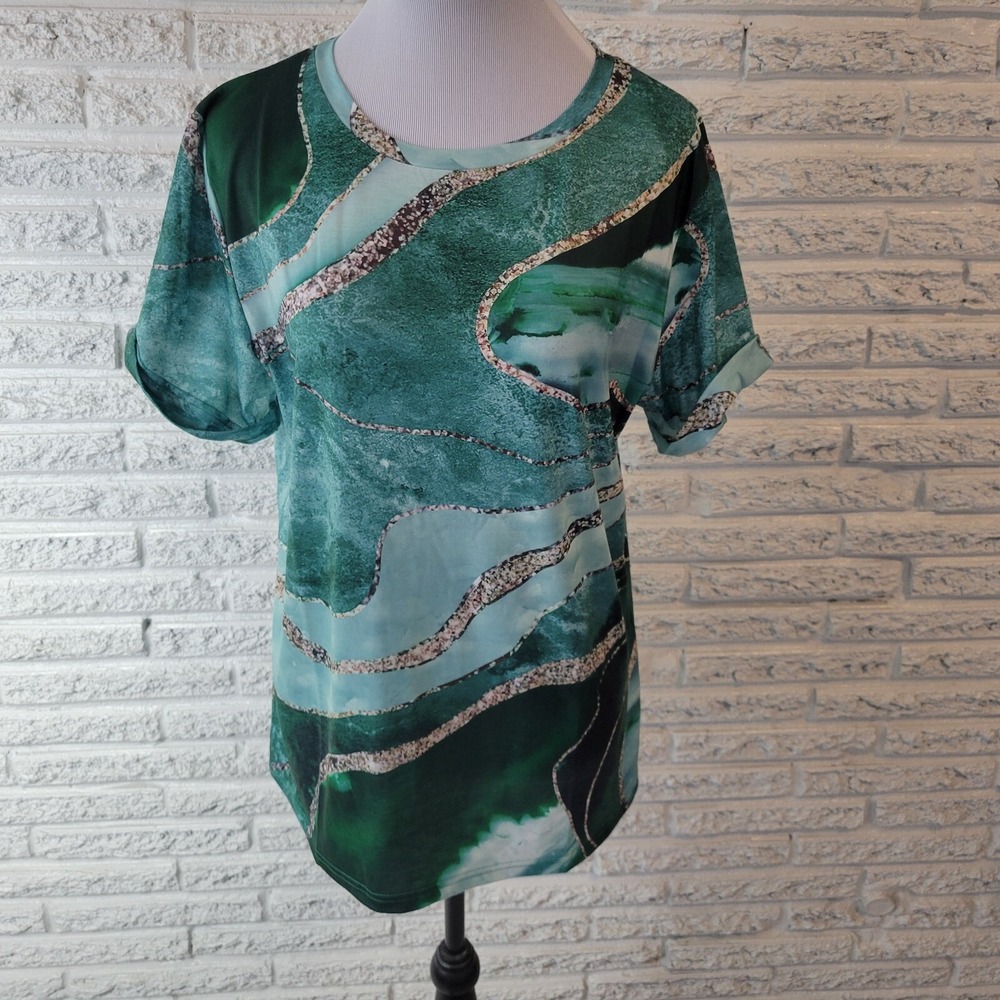 Women's 2XL Plus Green Watercolor Tee Shirt Crew Neck Stretch Casual Travel